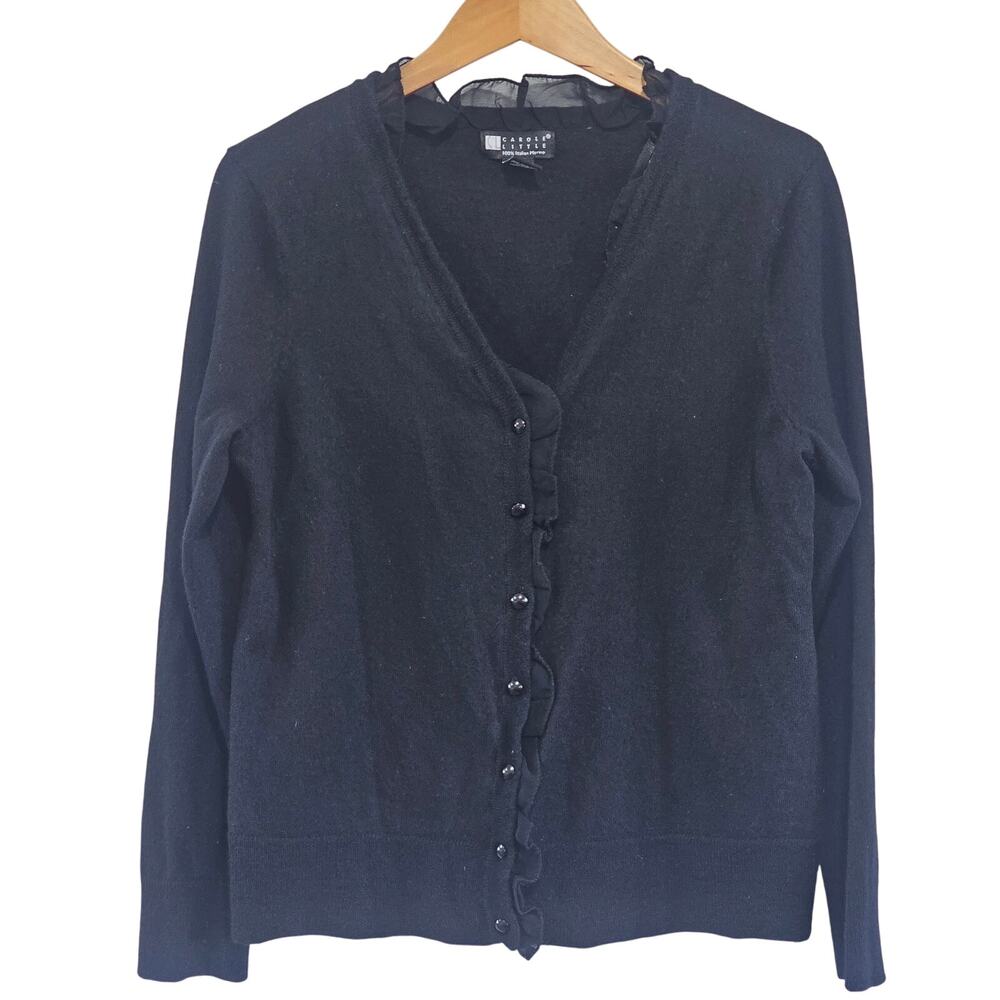 Carole Little 100% Merino Wool XL Cardigan Sheer Ruffle Neckline Fairy Grunge